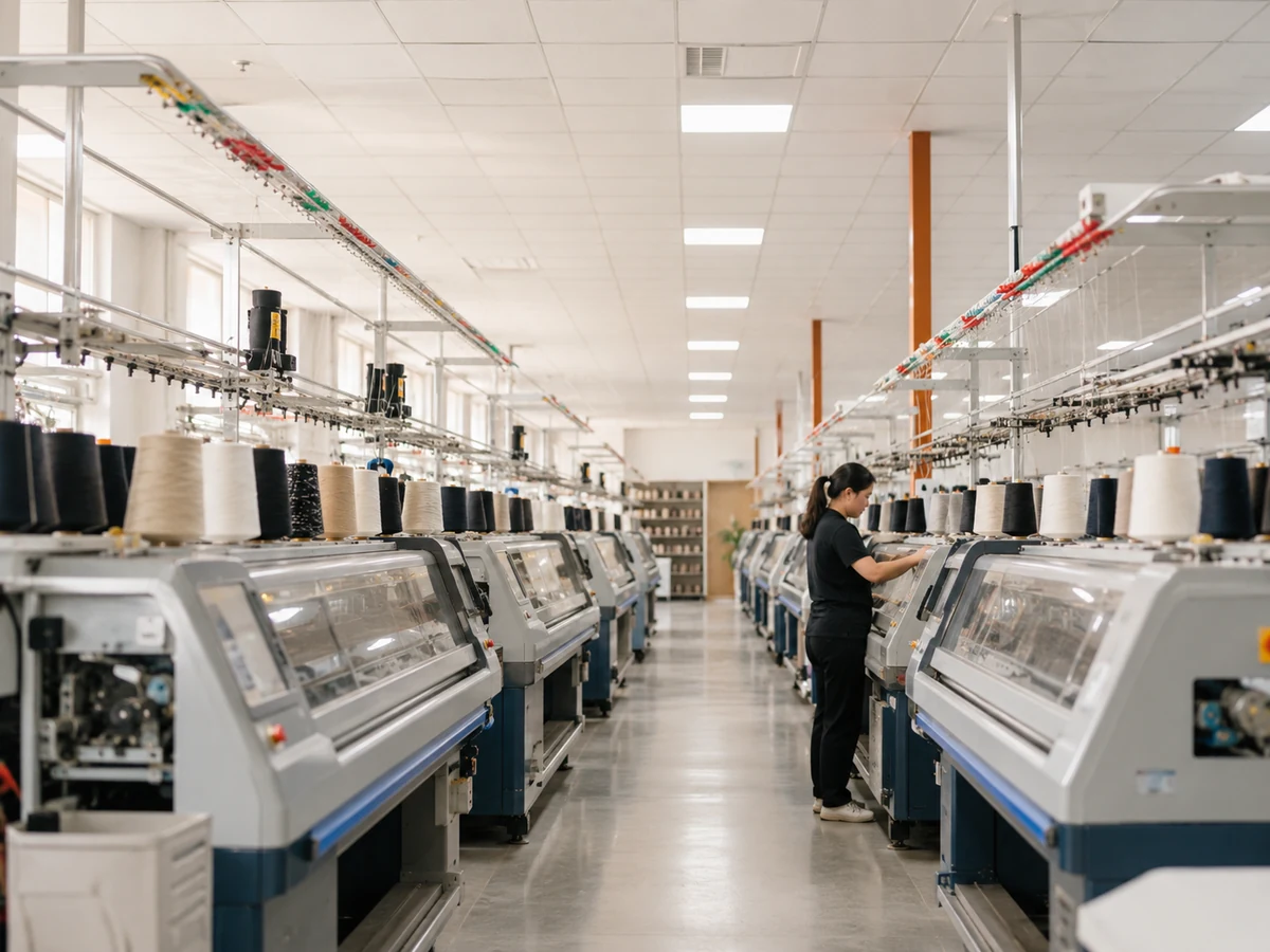 Knitting workshop with computerized flat knitting machines for custom knitwear manufacturing