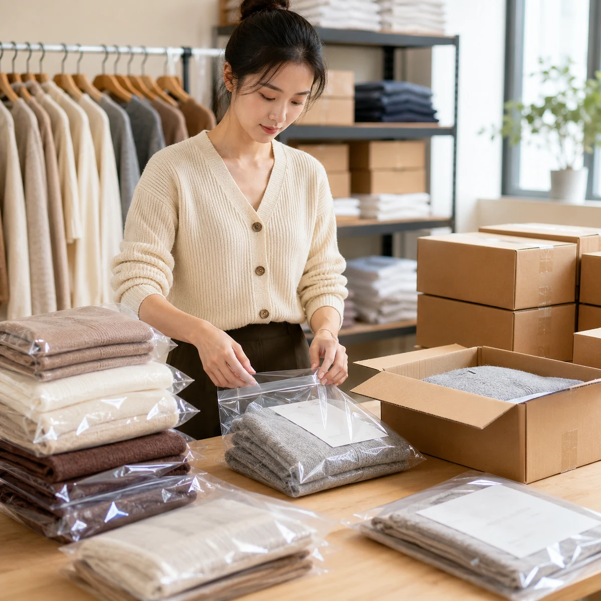 Custom knitwear packaging with polybags and export cartons