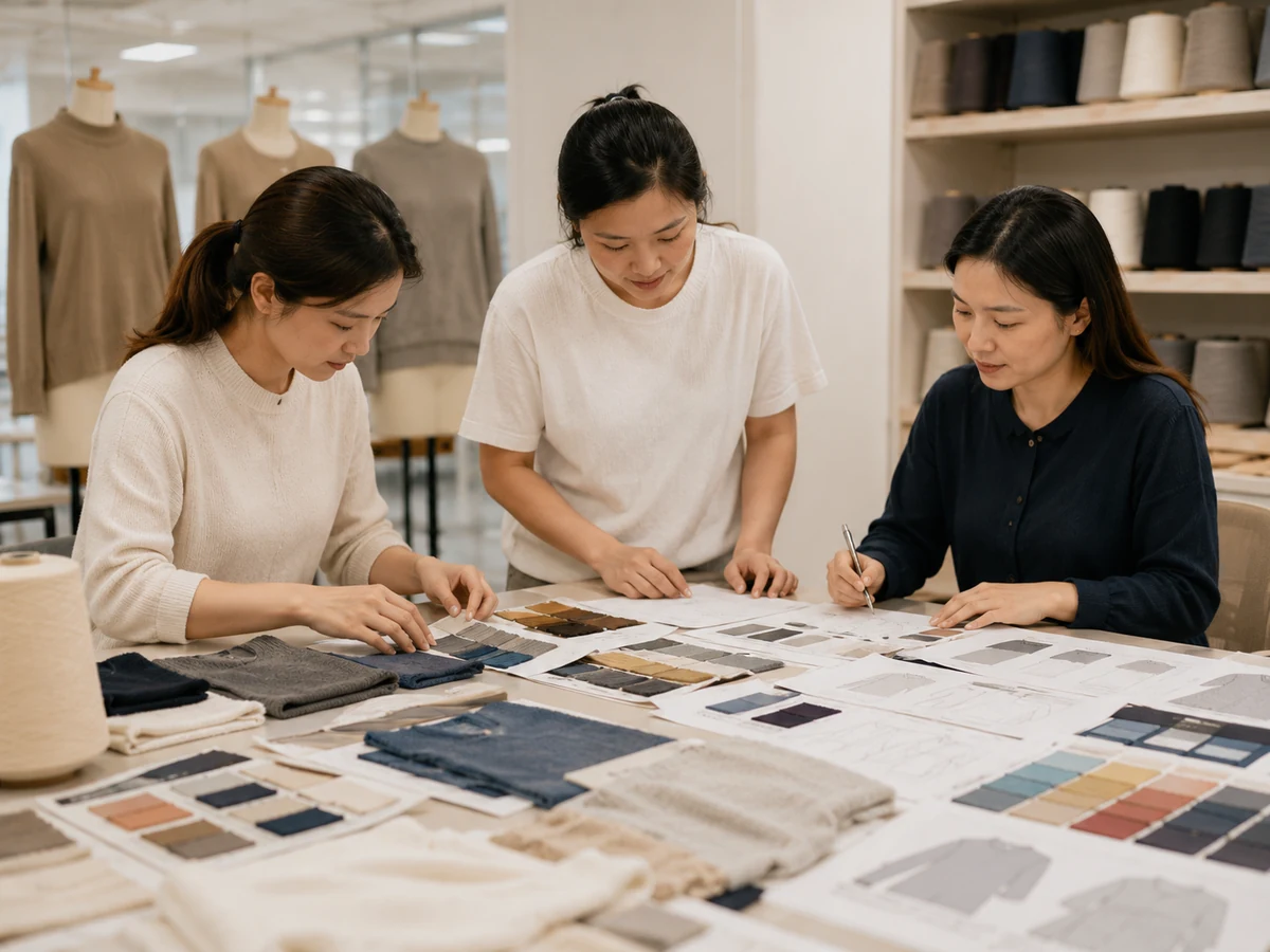 Sample development team reviewing knitwear swatches and tech packs