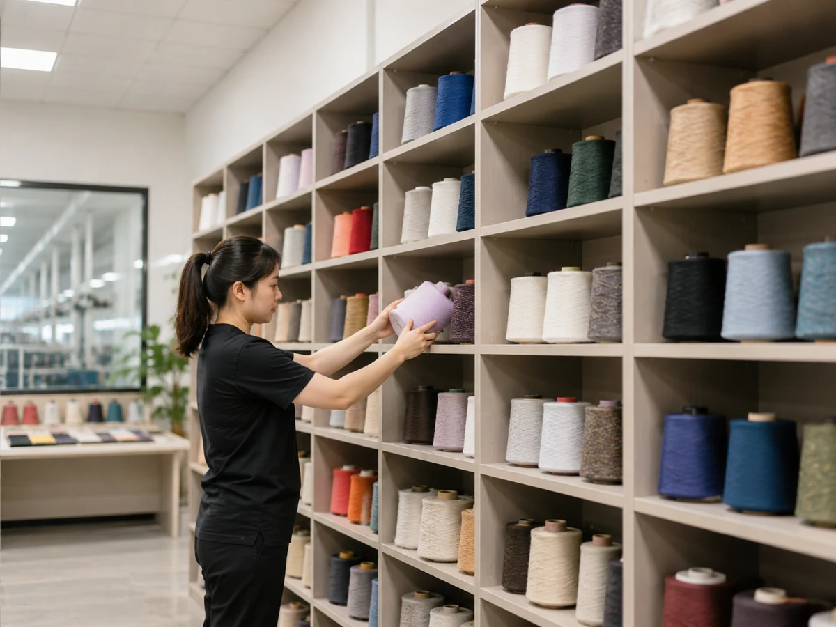 Yarn library with premium yarn cones for custom knitwear production