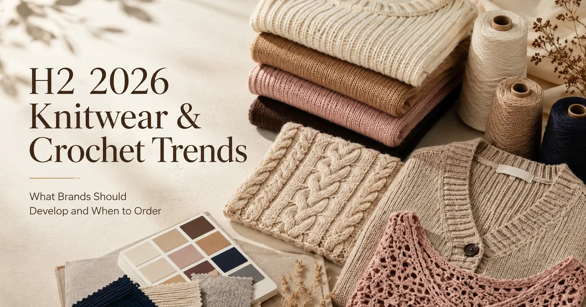 H2 2026 knitwear and crochet trends with folded sweaters, yarn cones and seasonal color palette