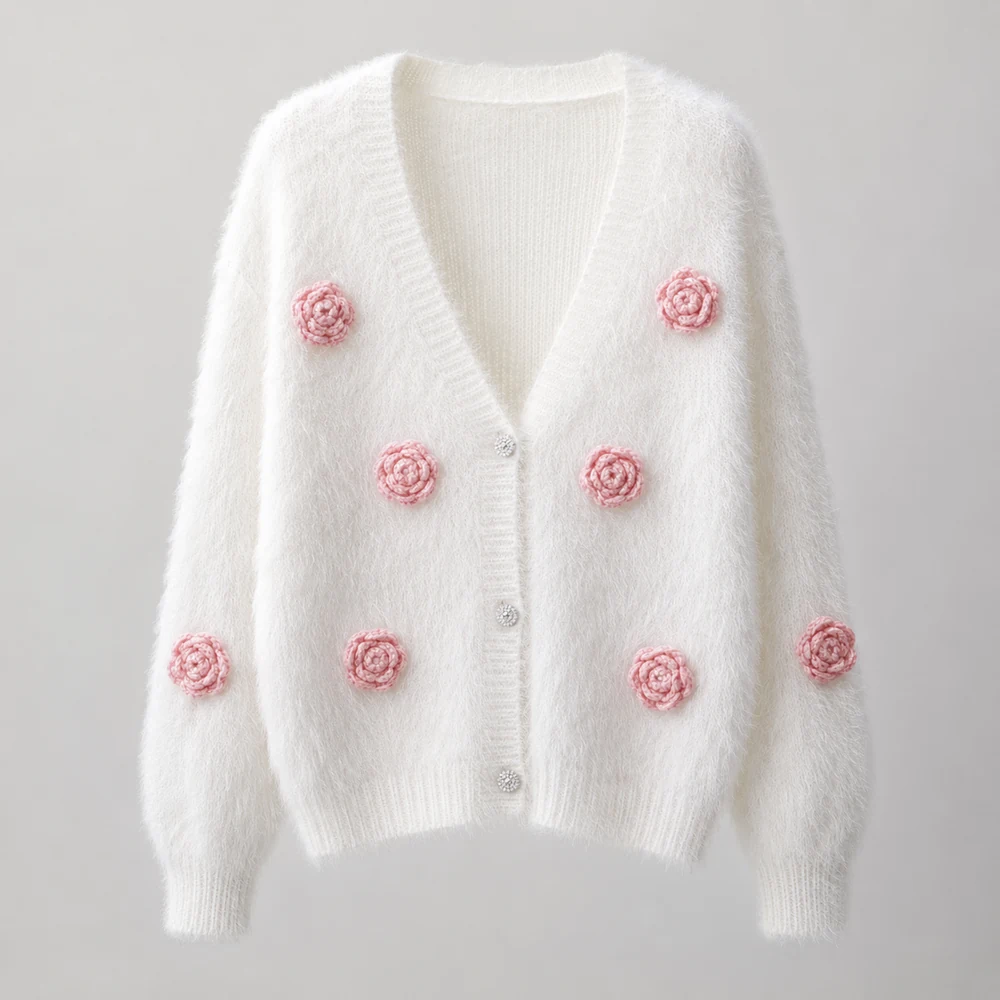 Women’s White Fuzzy Floral Applique Knit Cardigan front view