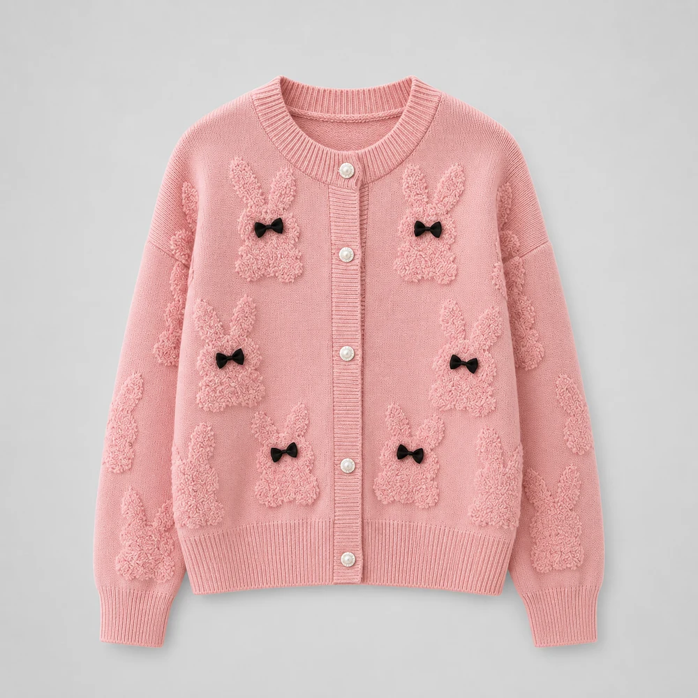 Bunny Jacquard Pearl Button Cardigan front view