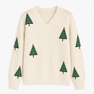 Women’s Christmas Tree V-Neck Intarsia Sweater