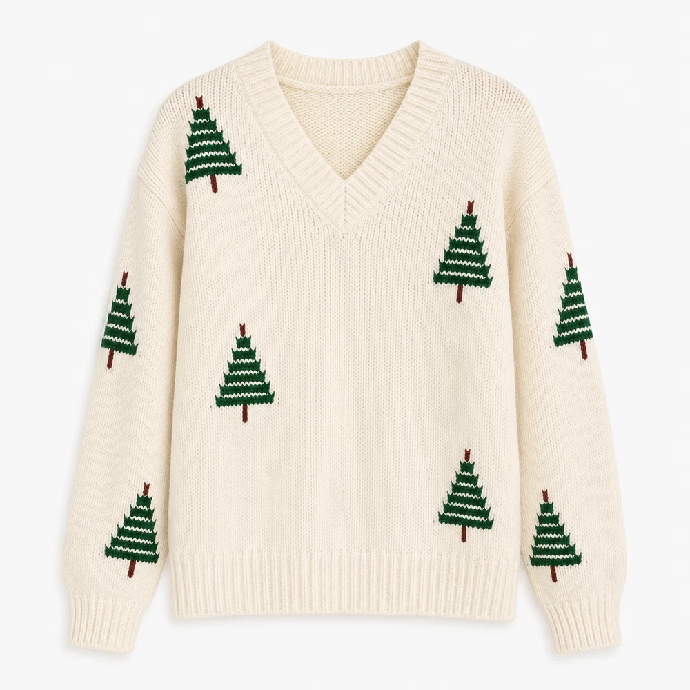 Women’s Christmas Tree V-Neck Intarsia Sweater front view