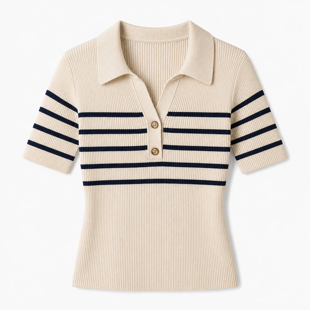 Women’s Striped Ribbed Knit Polo Top