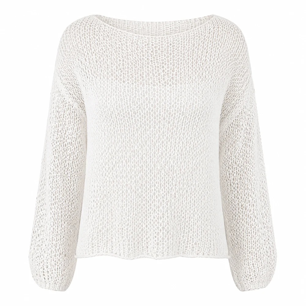 Women’s White Openwork Long-Sleeve Knit Top