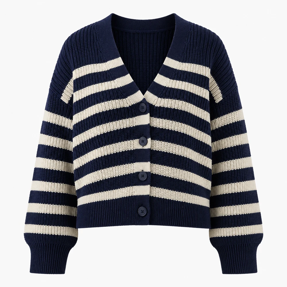 Women’s Navy Striped Cropped Knit Cardigan front view