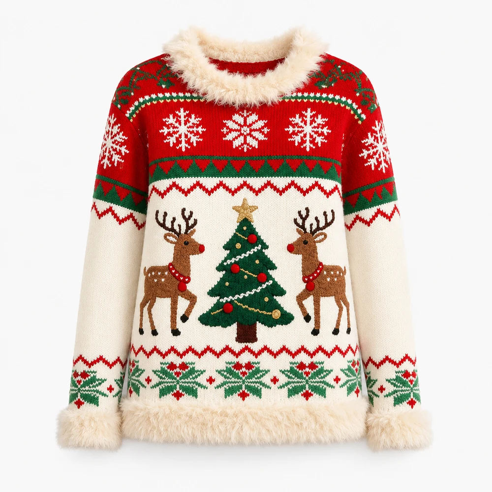 Women’s Christmas Reindeer Faux Fur Trim Knit Sweater front view