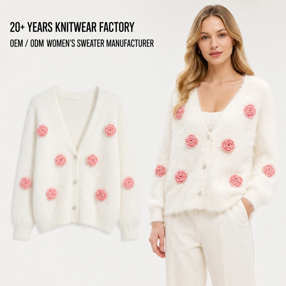 OEM ODM women’s white fuzzy floral applique knit cardigan product and model image