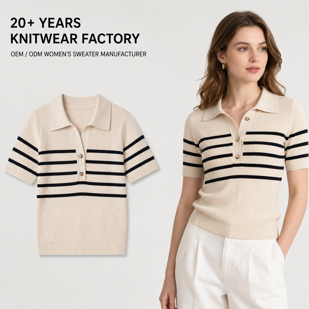 OEM ODM women’s striped ribbed knit polo top product and model image