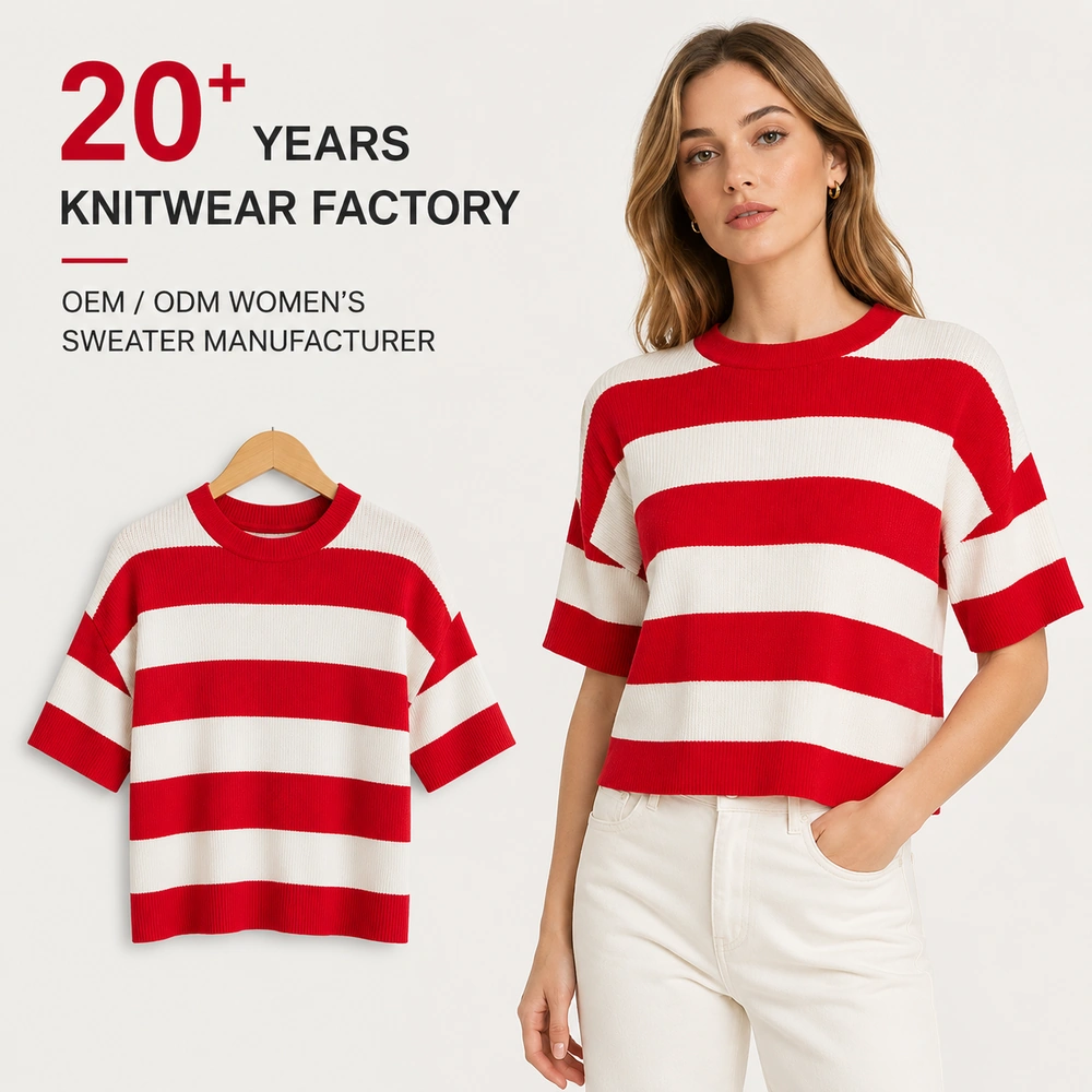 OEM ODM women’s red and white striped knit top product and model image