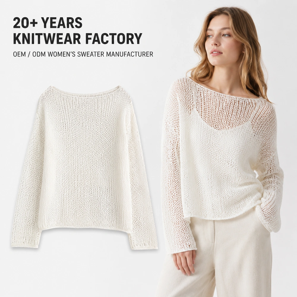 OEM ODM women’s white openwork long-sleeve knit top product and model image