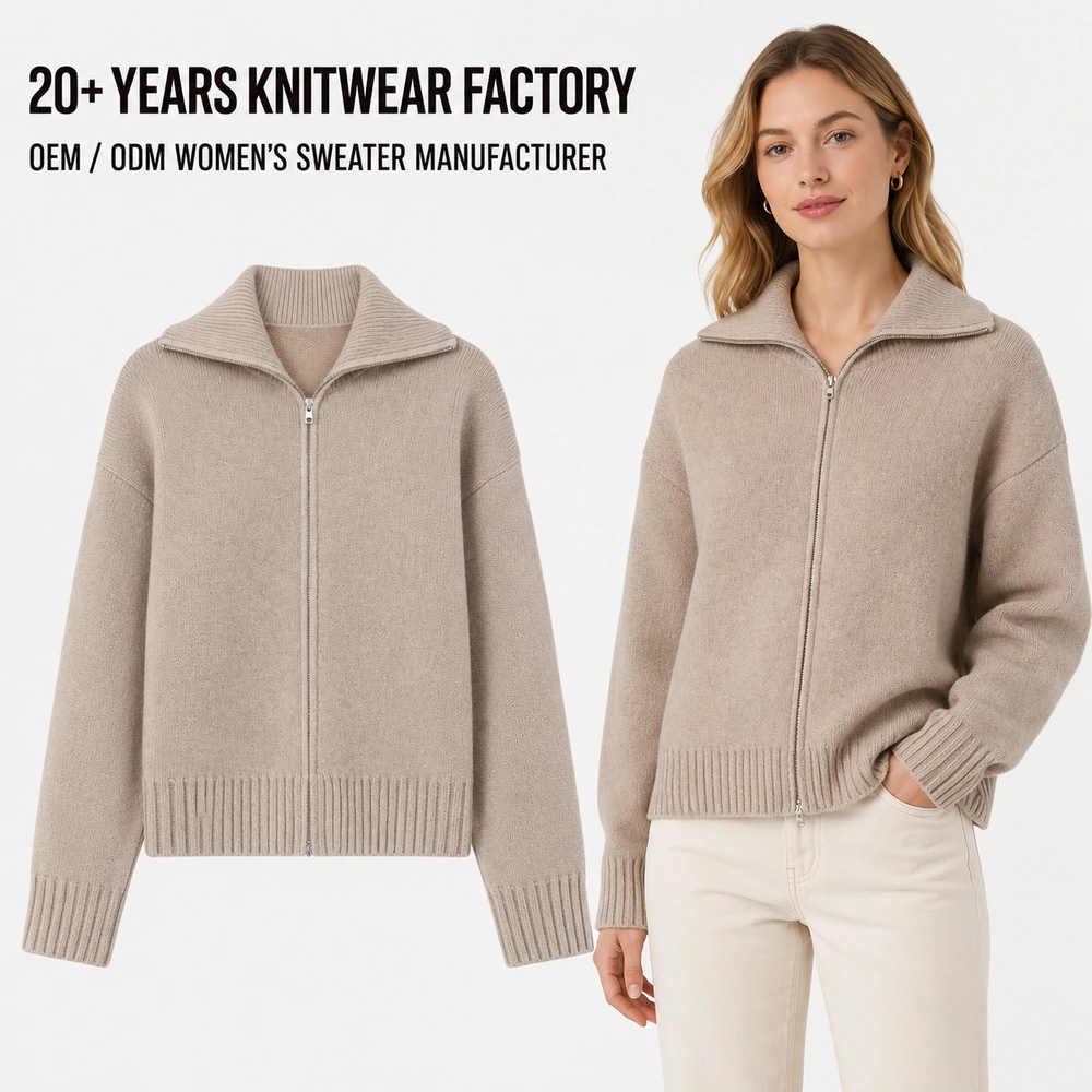 OEM ODM women’s full-zip high collar knit cardigan product and model image