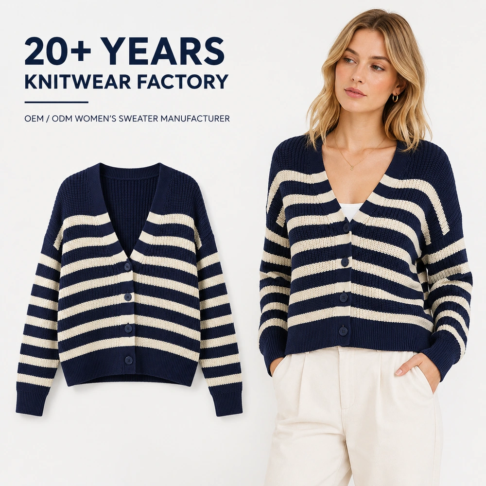 OEM ODM women’s striped cropped knit cardigan product and model image