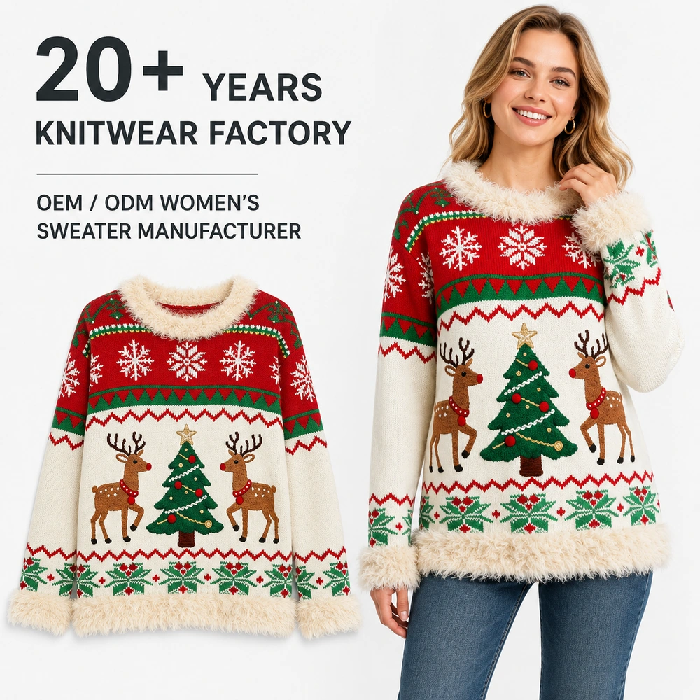 OEM ODM women’s Christmas reindeer faux fur trim knit sweater product and model image