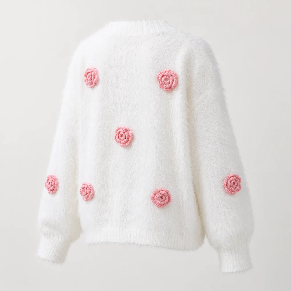 Women’s White Fuzzy Floral Applique Knit Cardigan thumbnail 2