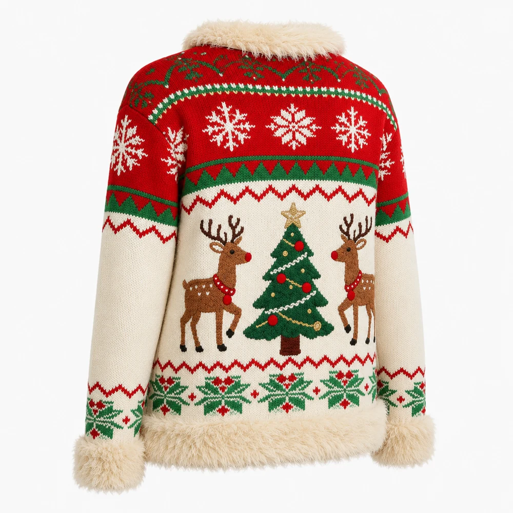 Women’s Christmas Reindeer Faux Fur Trim Knit Sweater thumbnail 2