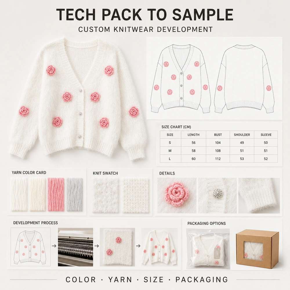 Tech pack to sample custom floral cardigan development