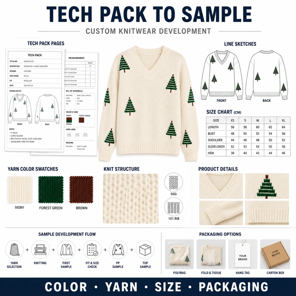 Tech pack to sample holiday sweater development