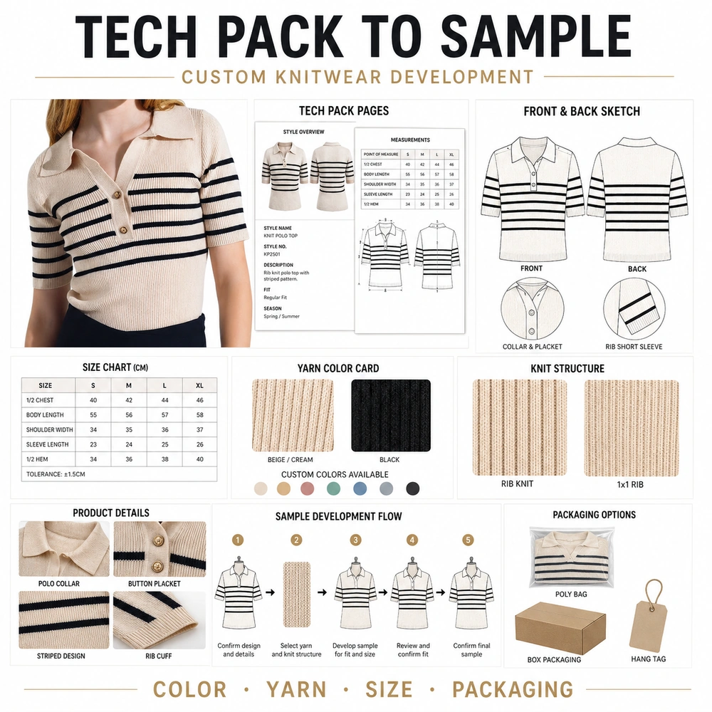 Tech pack to sample custom striped knit polo development