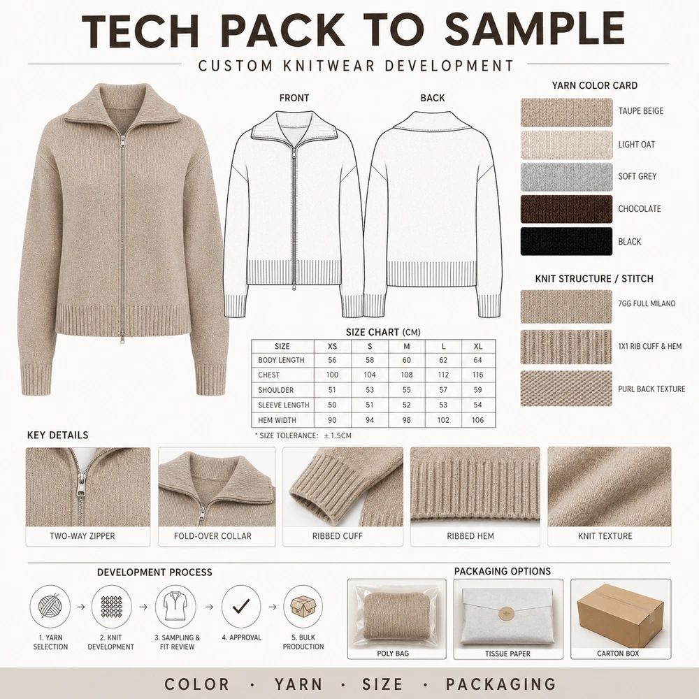 Tech pack to sample custom zip cardigan development