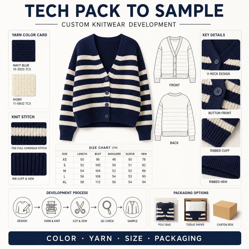 Tech pack to sample custom striped cardigan development