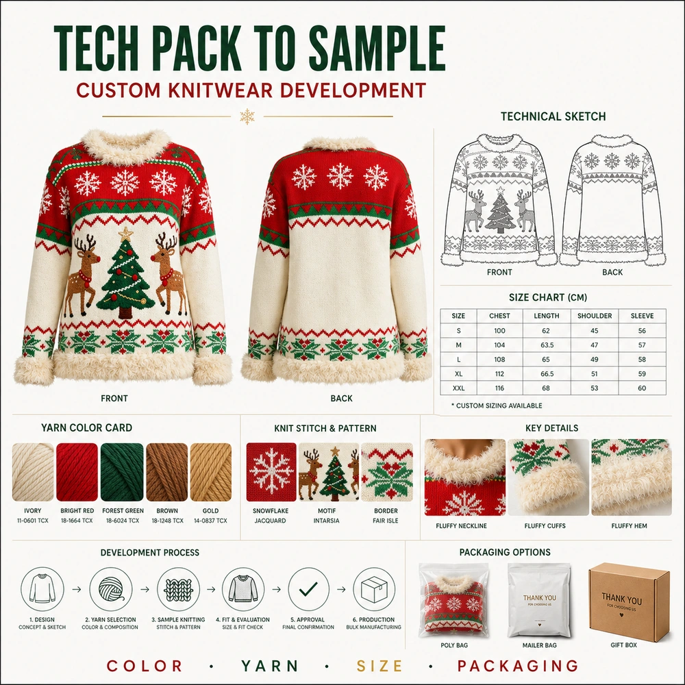 Tech pack to sample custom Christmas sweater development