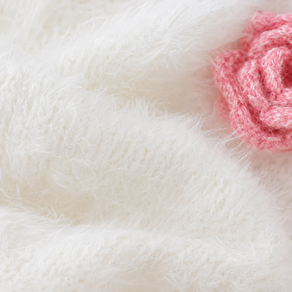 Women’s White Fuzzy Floral Applique Knit Cardigan thumbnail 3