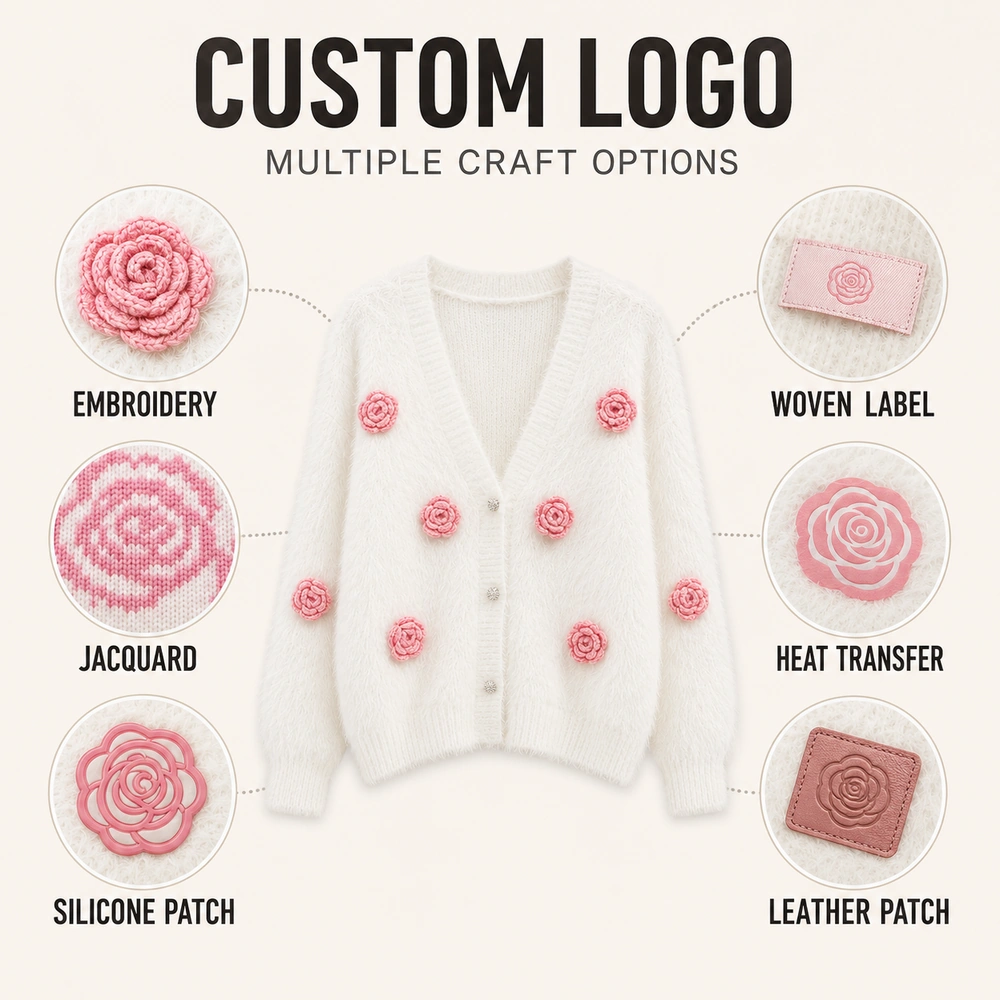 Custom logo options for private label fuzzy knit cardigan