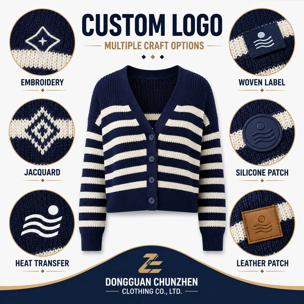 Custom logo options for private label striped knit cardigan