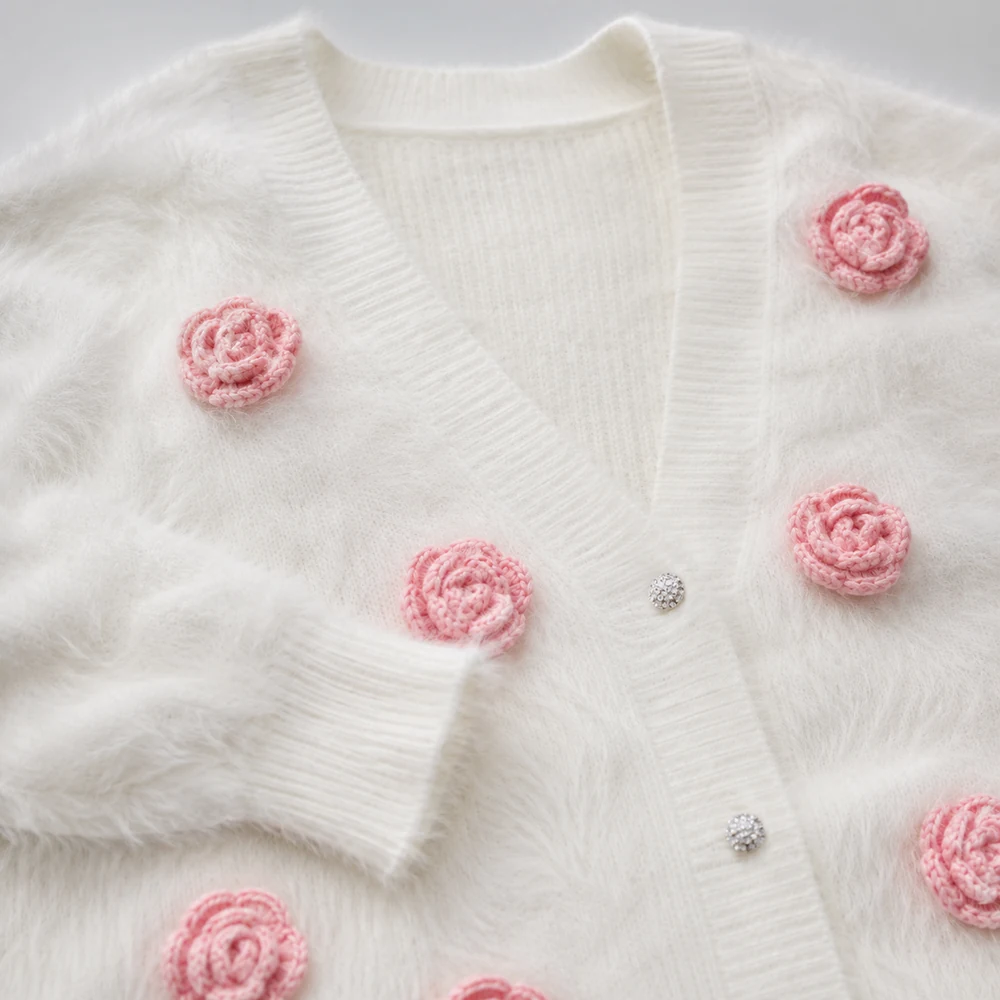 Women’s White Fuzzy Floral Applique Knit Cardigan thumbnail 4
