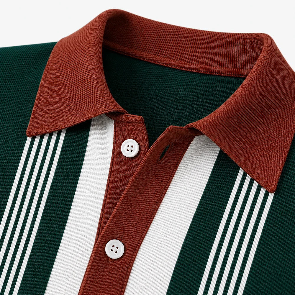 Premium Men's Striped Knit Polo Shirt craft detail thumbnail