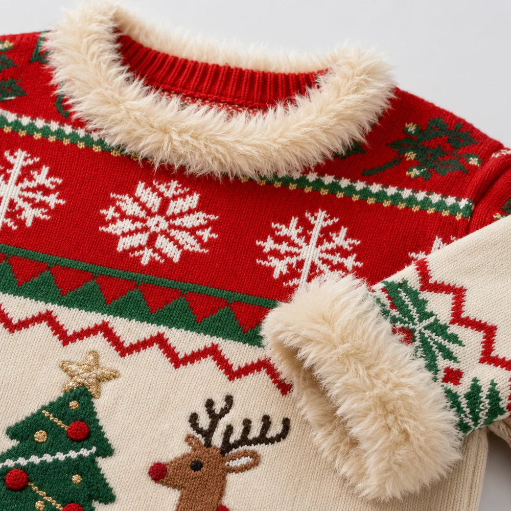 Women’s Christmas Reindeer Faux Fur Trim Knit Sweater thumbnail 4