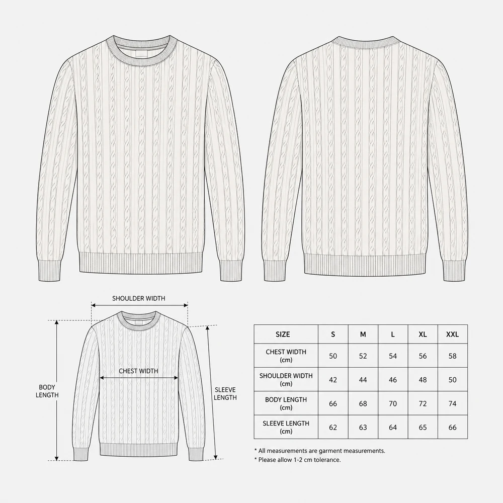 Premium Unisex 12GG Cable Knit Pullover technical sketch thumbnail