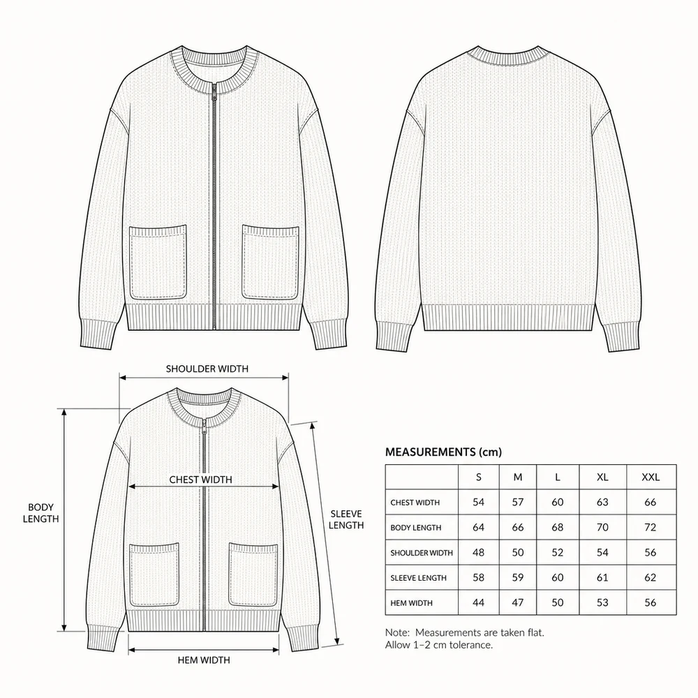 Premium 7GG Zip-Up Bomber Cardigan technical sketch thumbnail