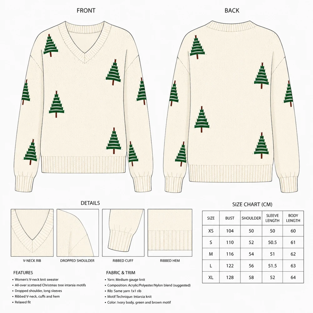 Women’s Christmas Tree V-Neck Intarsia Sweater thumbnail 5