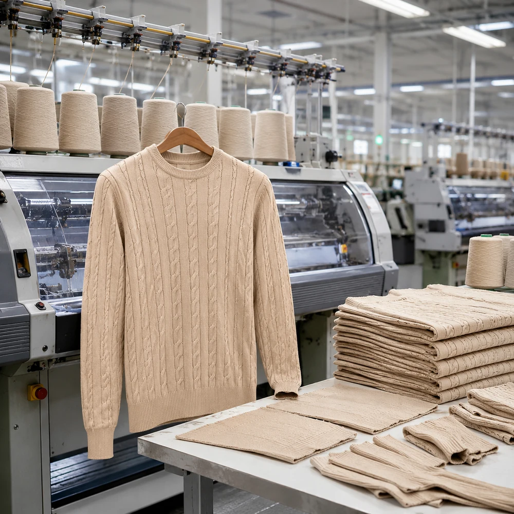 Premium Unisex 12GG Cable Knit Pullover production scene thumbnail