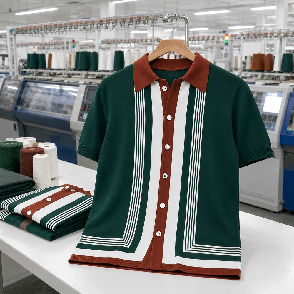 Premium Men's Striped Knit Polo Shirt front viewion scene thumbnail