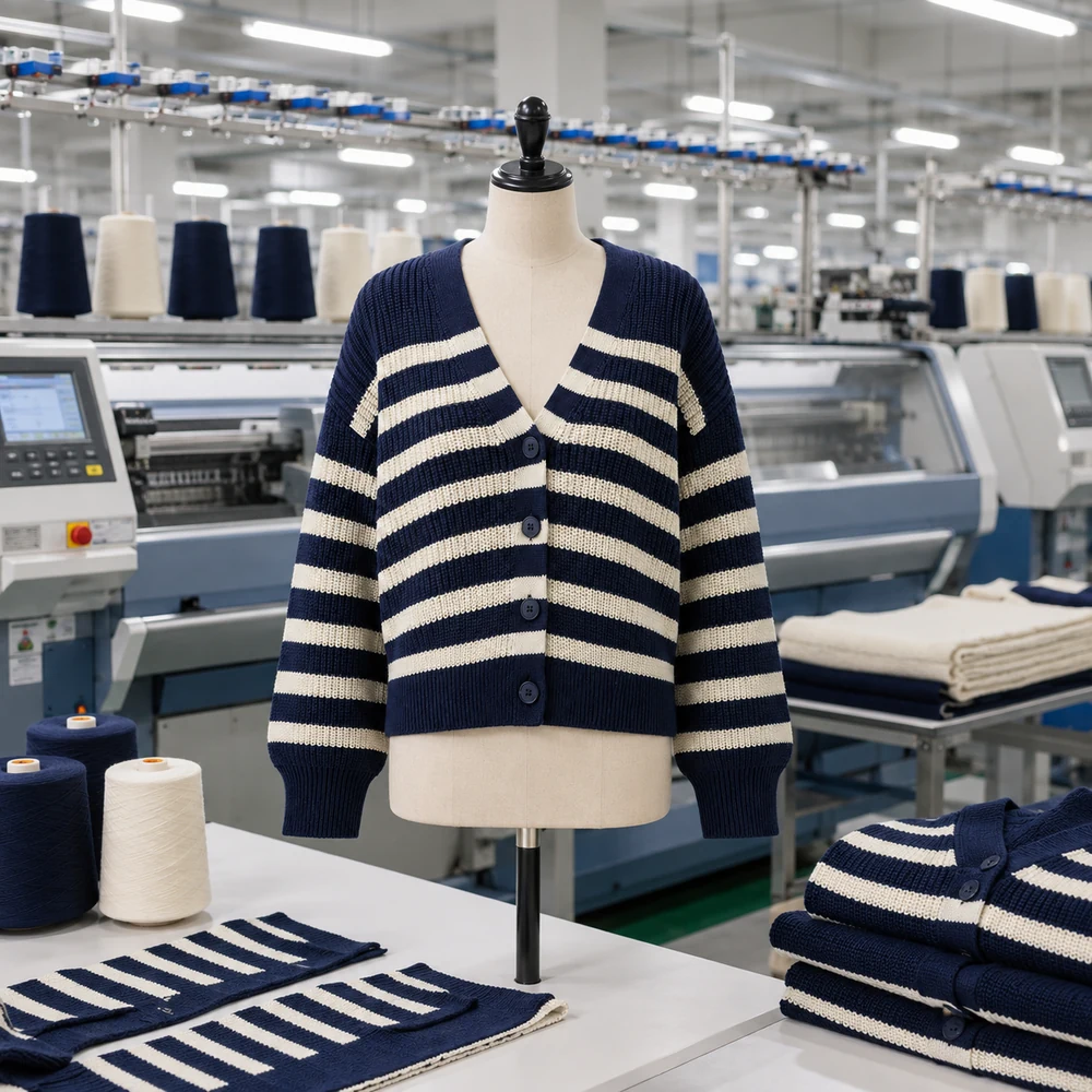 Women’s Navy Striped Cropped Knit Cardigan thumbnail 6