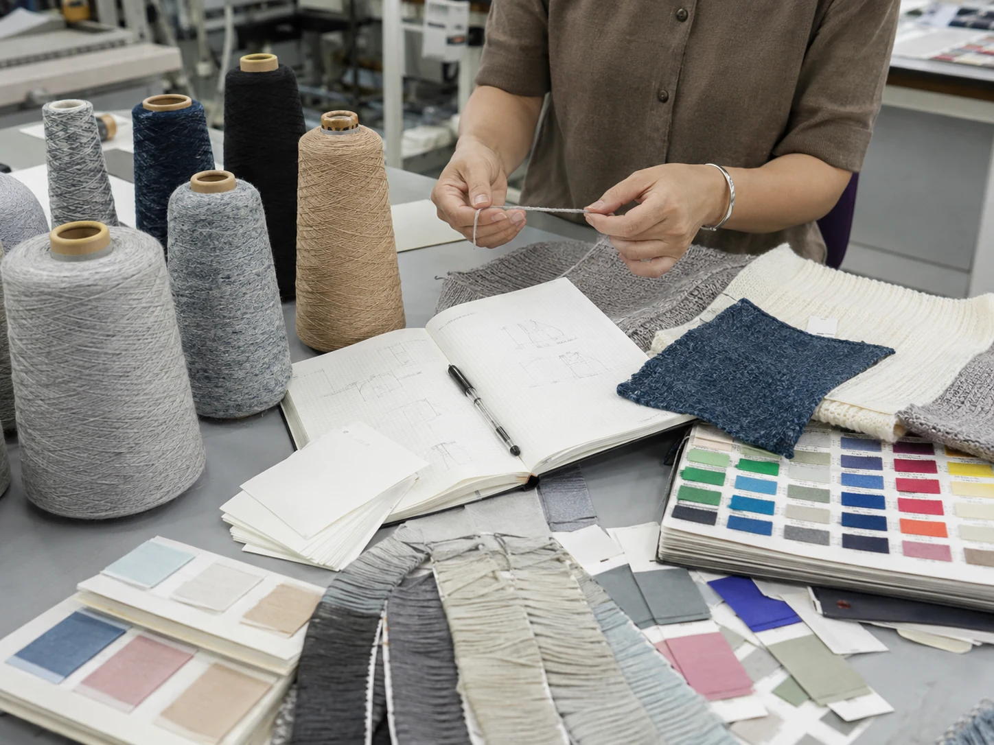 High quality knitwear manufacturer reviewing yarn selection, knit swatches and product development