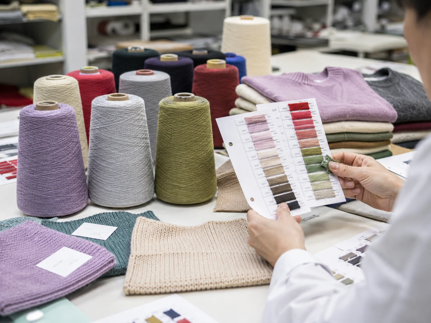 Low MOQ knitwear manufacturer yarn and color selection for custom sweater production