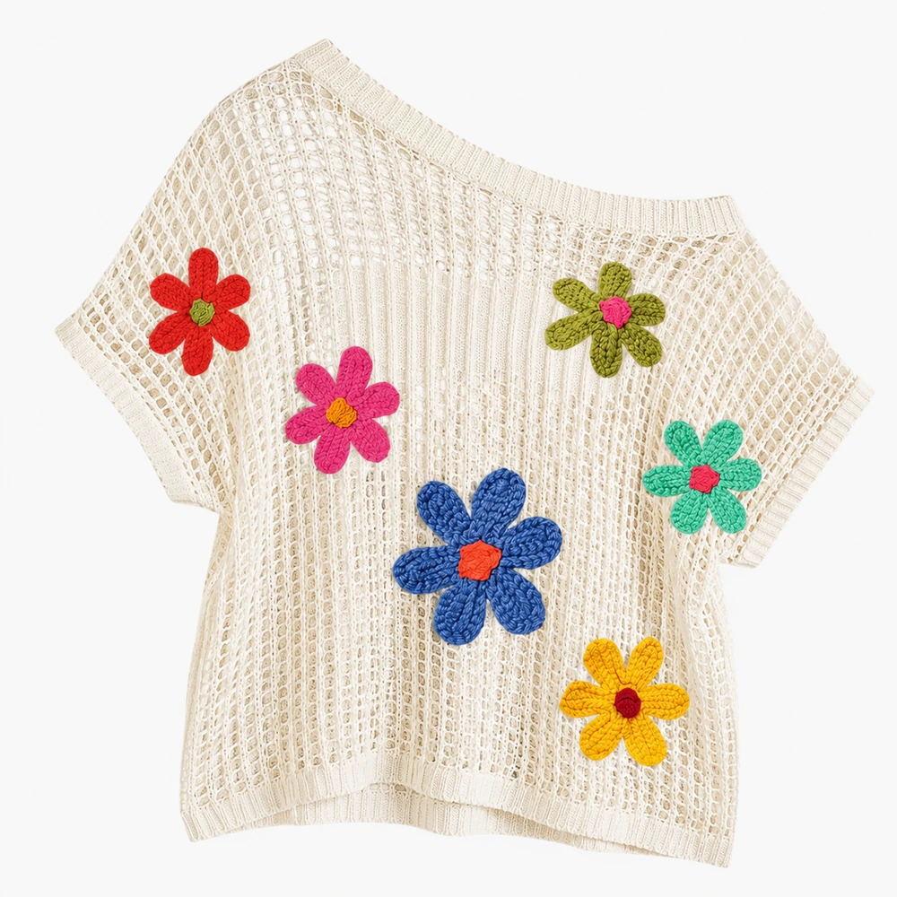 Women’s Floral Appliqué Crochet Mesh Top