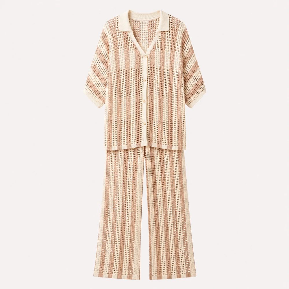 Women’s Striped Open-Knit Shirt & Wide-Leg Pants Set