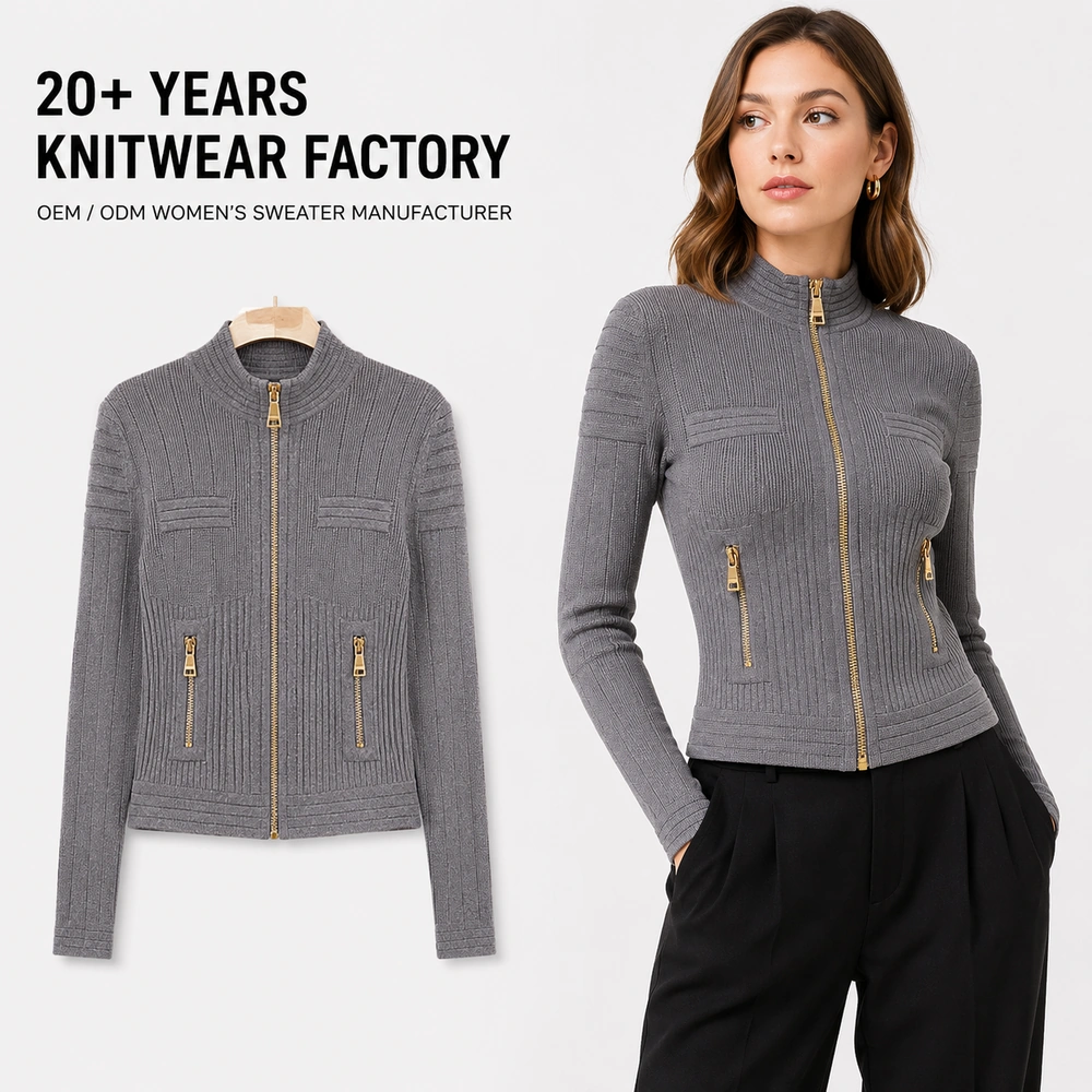 Women’s Ribbed Full-Zip Knit Jacket - On-Model Presentation