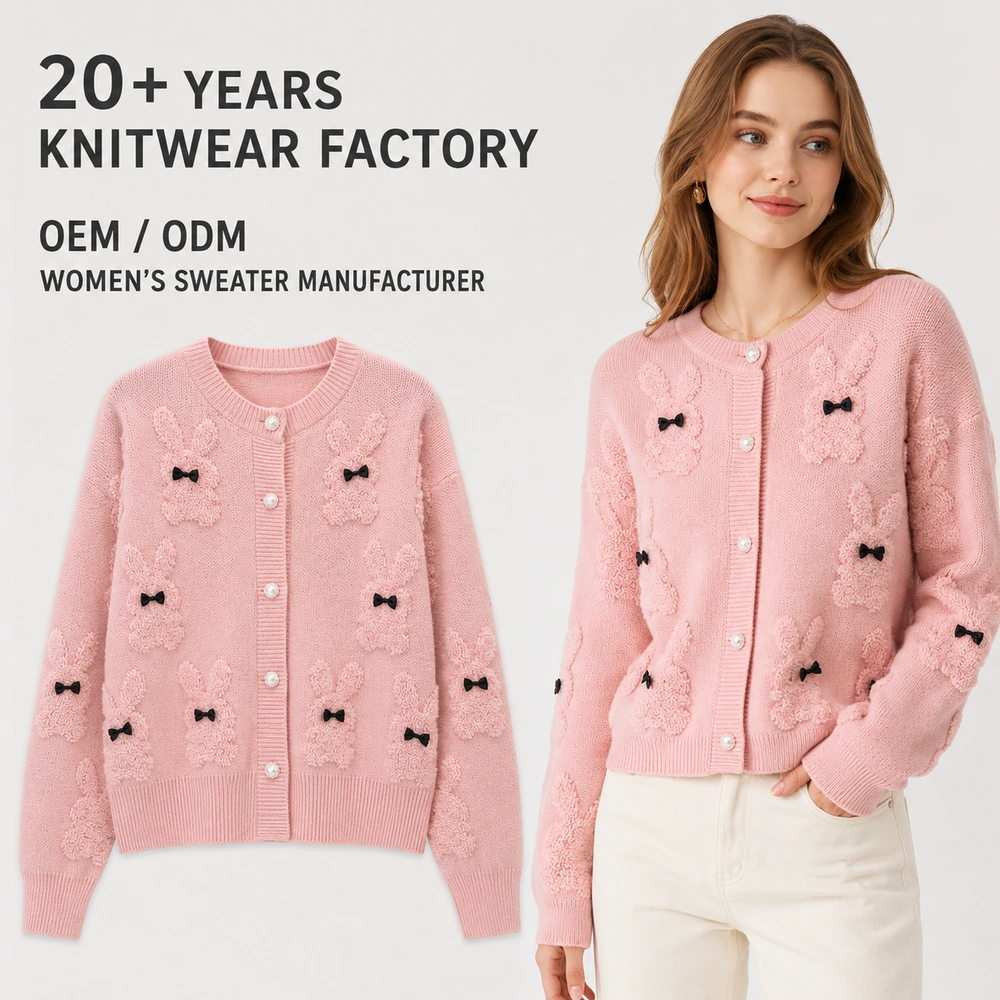 12GG Bunny Pattern Pearl Button Cardigan - On-Model Presentation