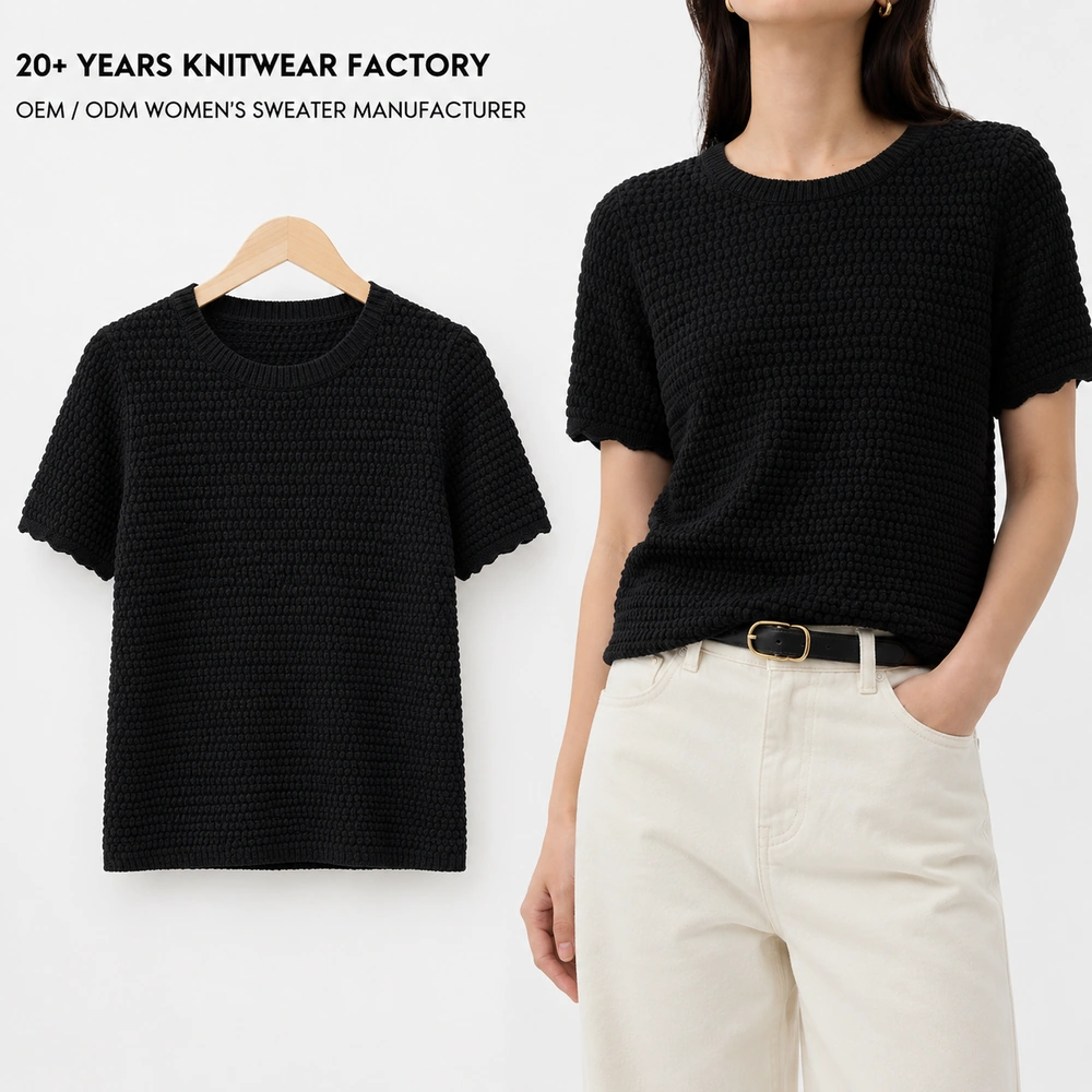 Women’s 5GG Textured Short-Sleeve Knit Top - On-Model Presentation