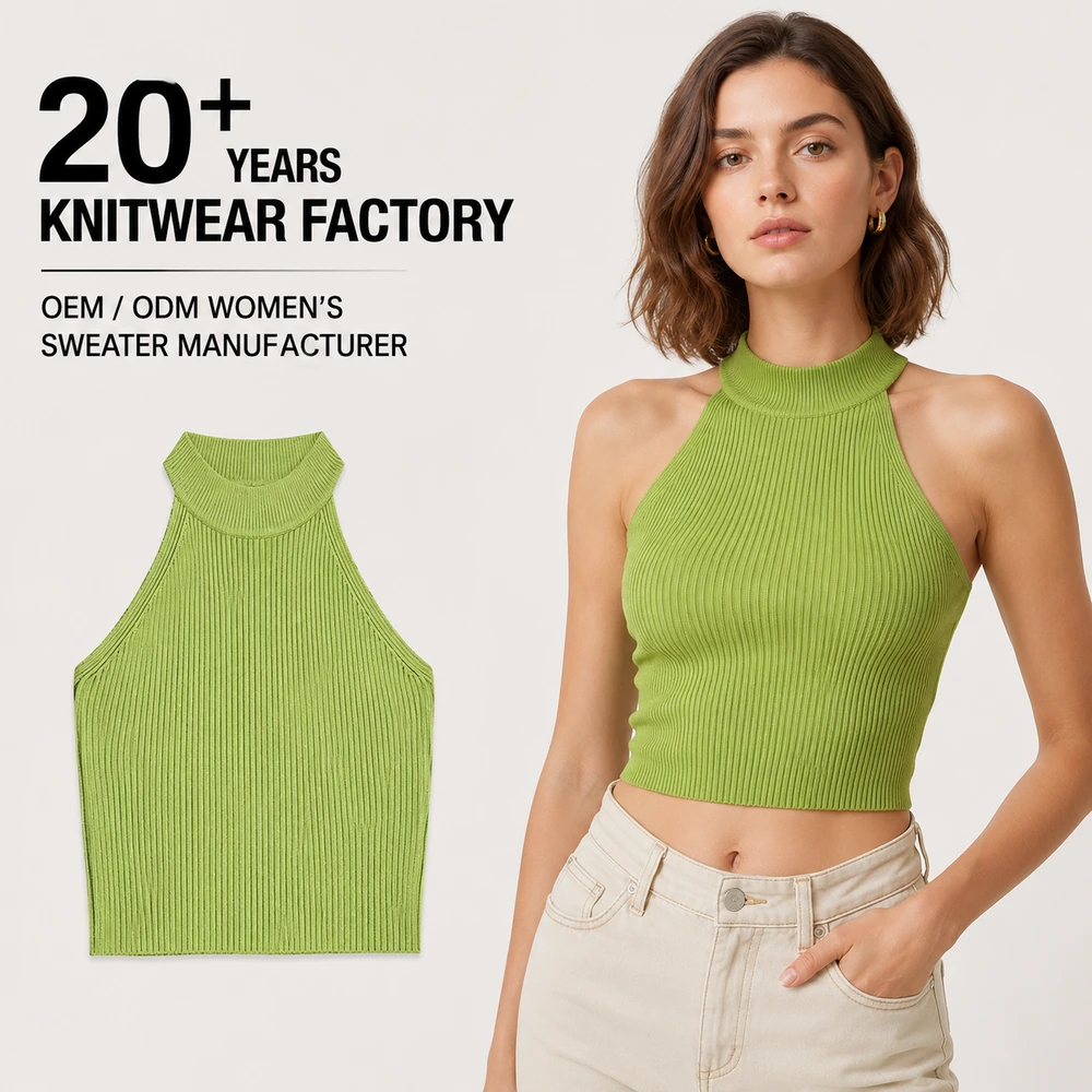 Women’s 12GG Ribbed Halter Knit Top - On-Model Presentation