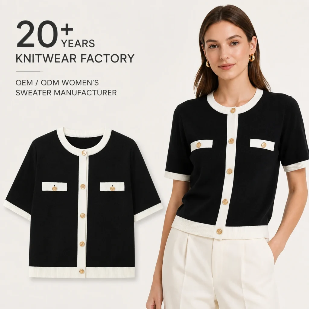 Women’s 14GG Contrast Trim Short-Sleeve Knit Cardigan - On-Model Presentation