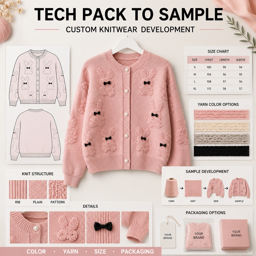 12GG Bunny Pattern Pearl Button Cardigan - Full Customization Support